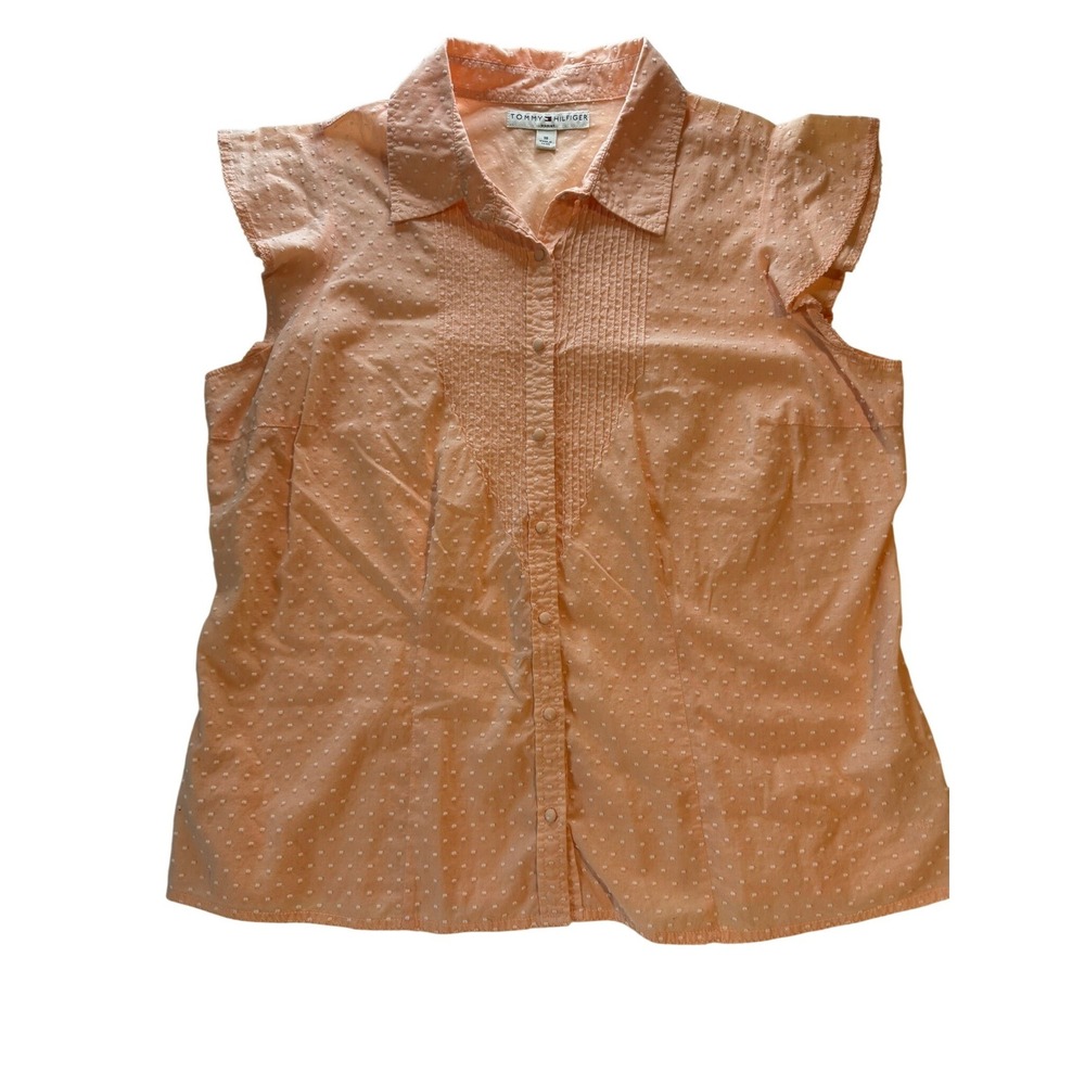 Tommy Hilfiger Women Peach Swiss Dot Pintuck Cap Sleeve Collar Button Top Sz 18